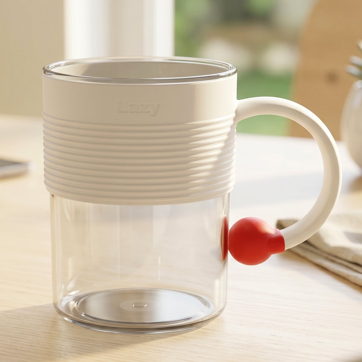 Transparent plastic tea and coffee mug with ring handle and red accent