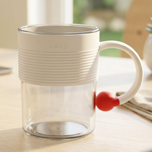 Transparent plastic tea and coffee mug with ring handle and red accent