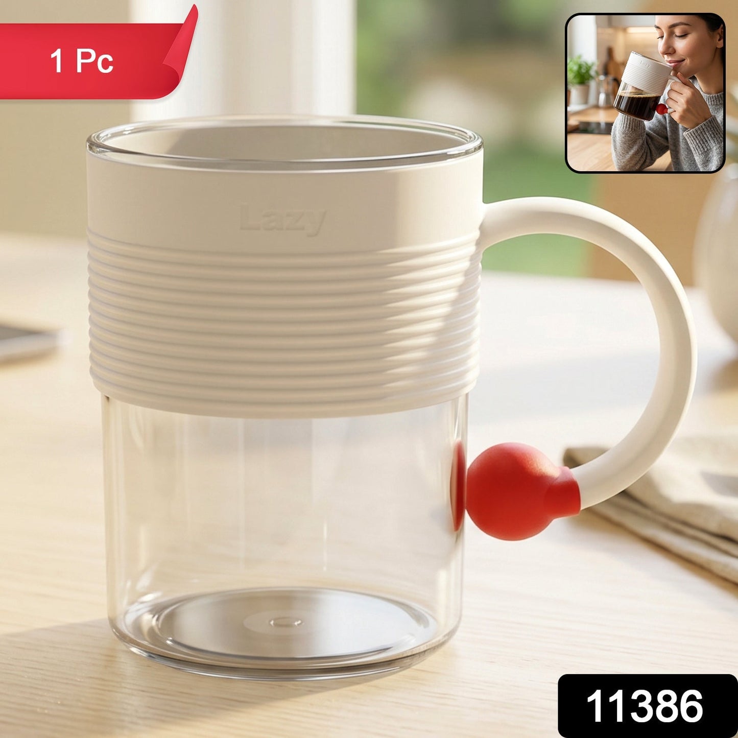 Pack of stylish transparent plastic tea and coffee mugs with ring handle