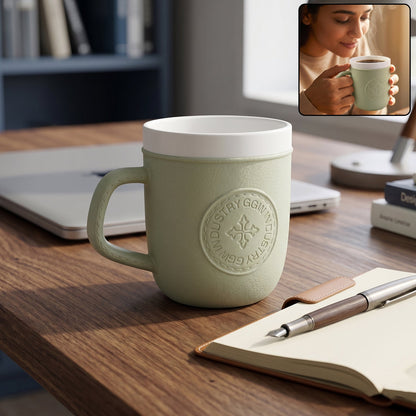 Leather-textured plastic coffee mug with handle for hot and cold beverages