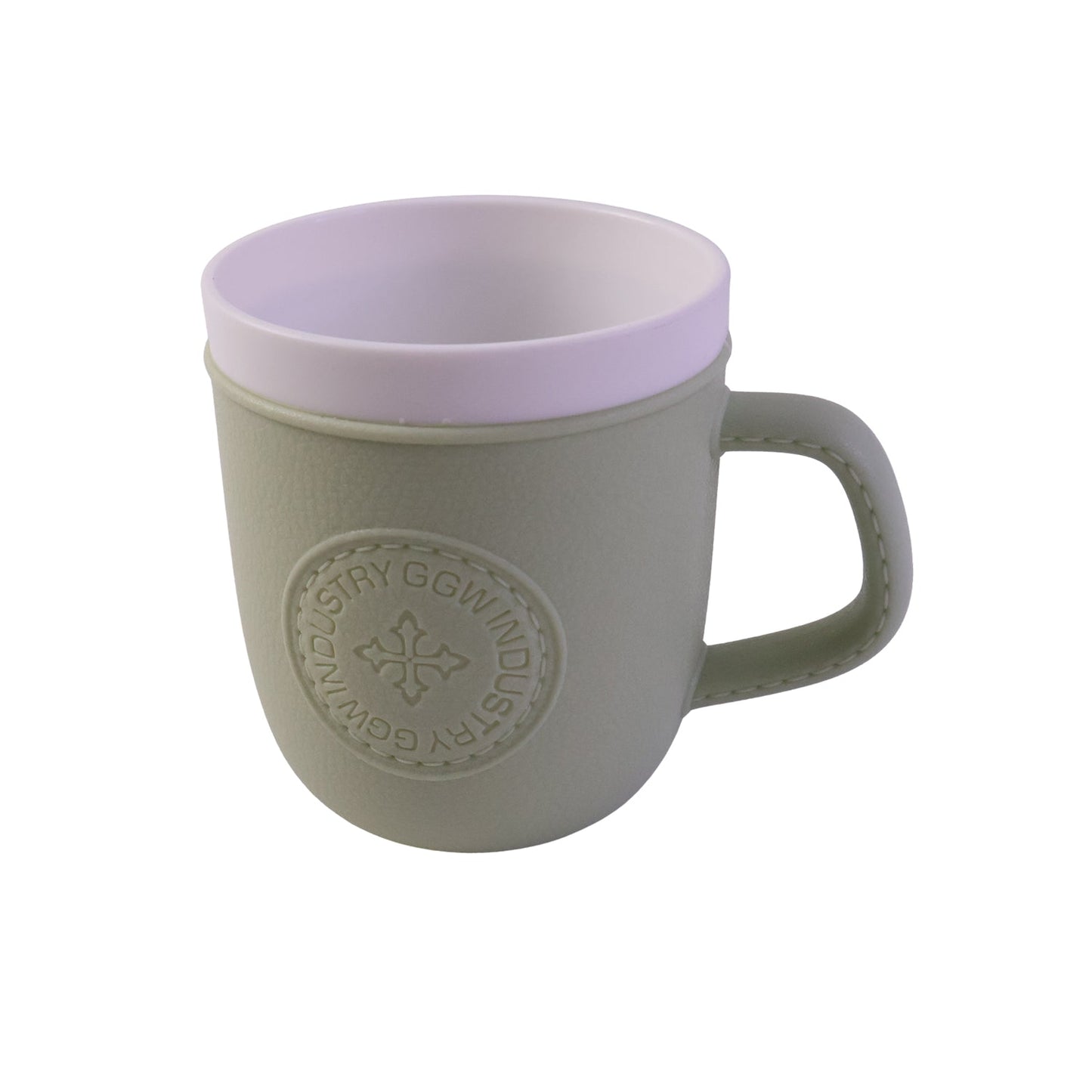 White background view of the stylish plastic coffee mug