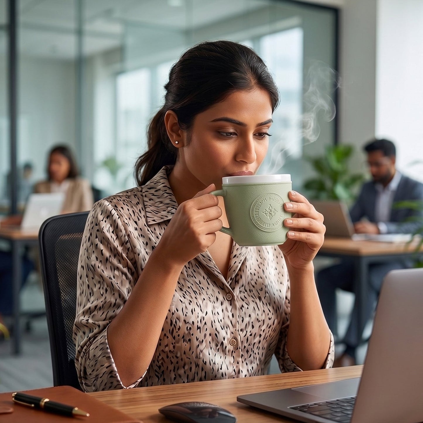 Plastic mug for daily use with stylish leather-textured body