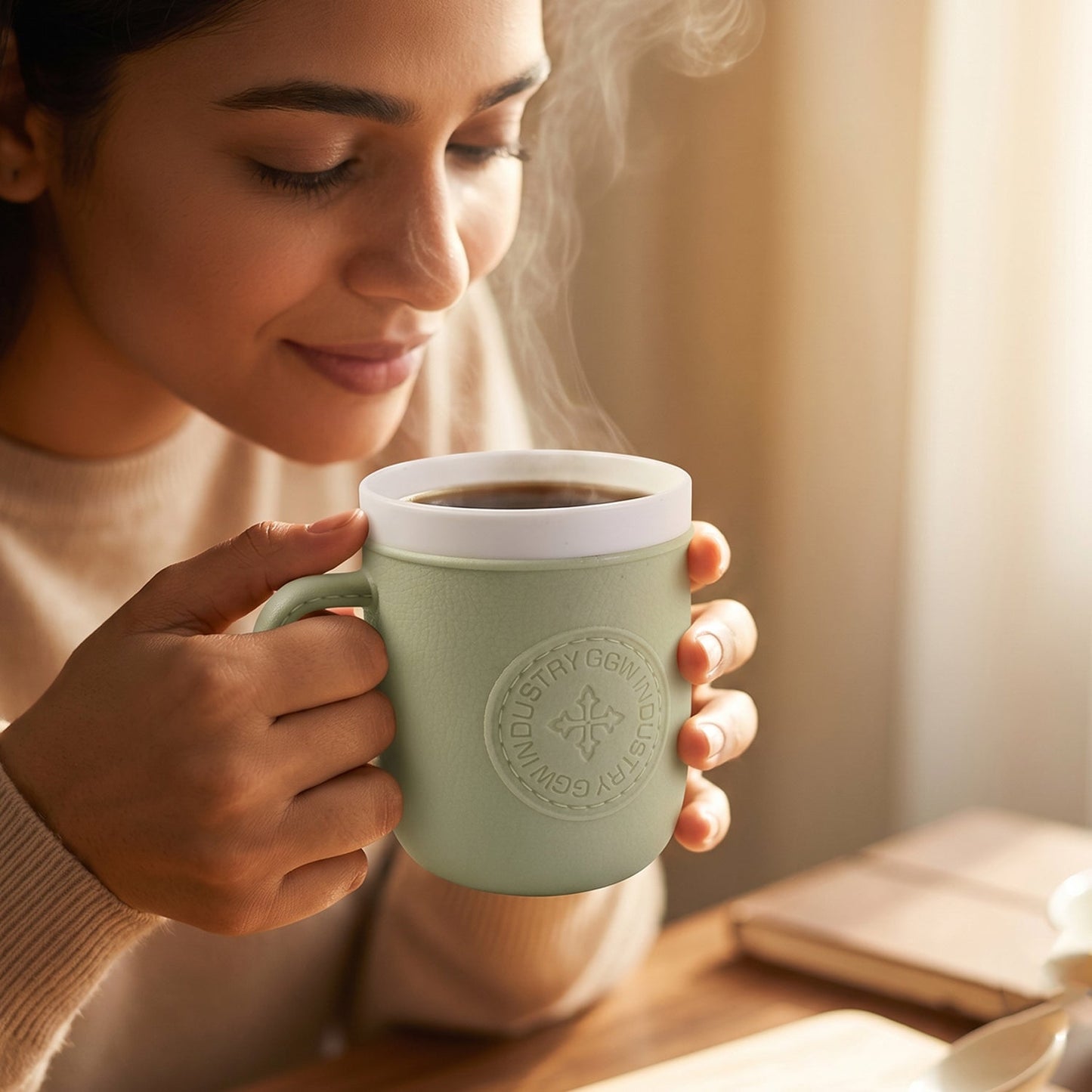 Leather-textured coffee mug suitable for home and office use