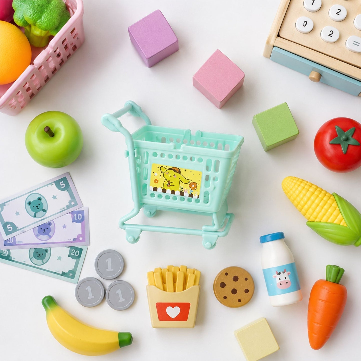 Children's pretend play trolley with cartoon sticker and smooth wheels