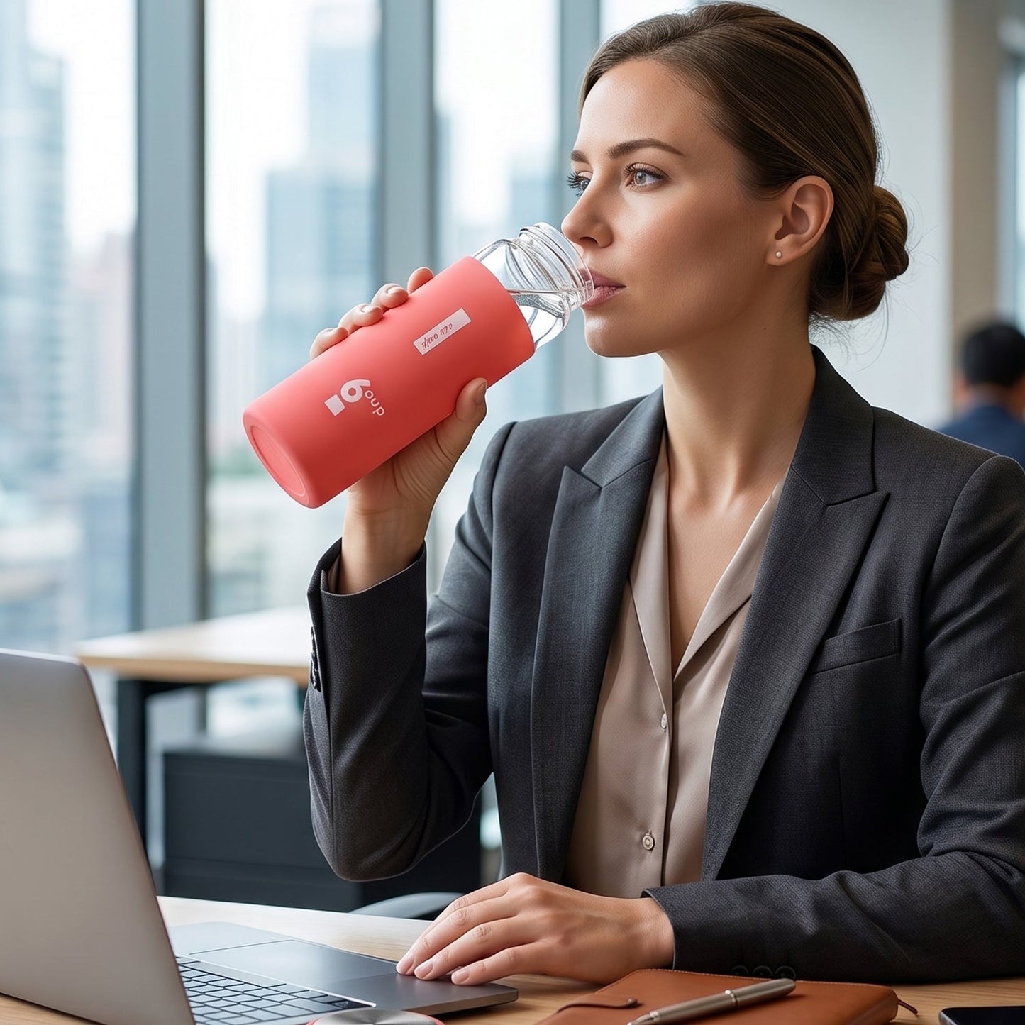Glass water bottle on office desk with laptop