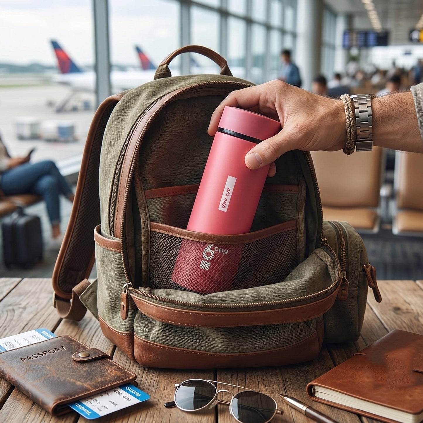 Glass water bottle being carried in hand for daily use