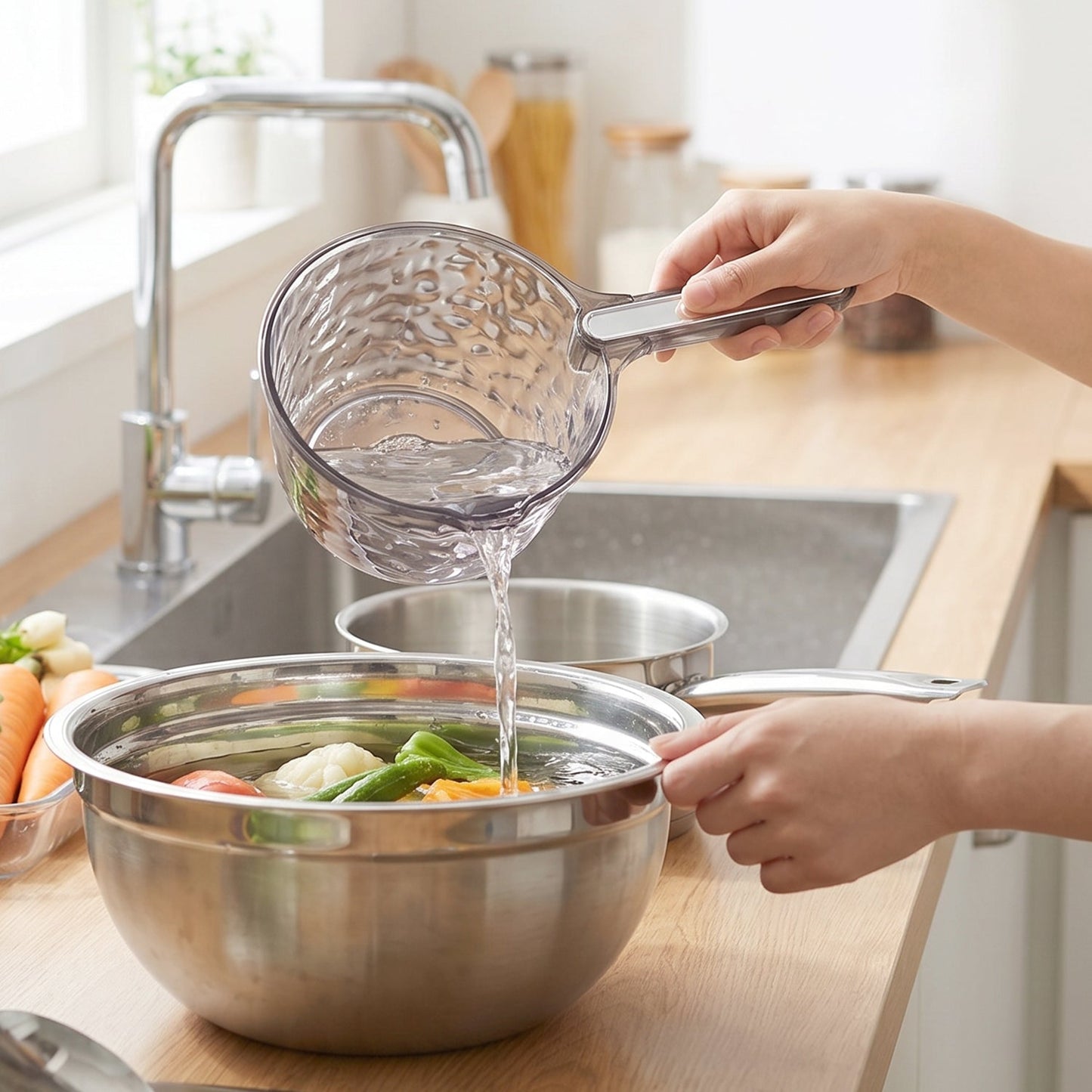 Water scoop being used for bathroom or kitchen tasks