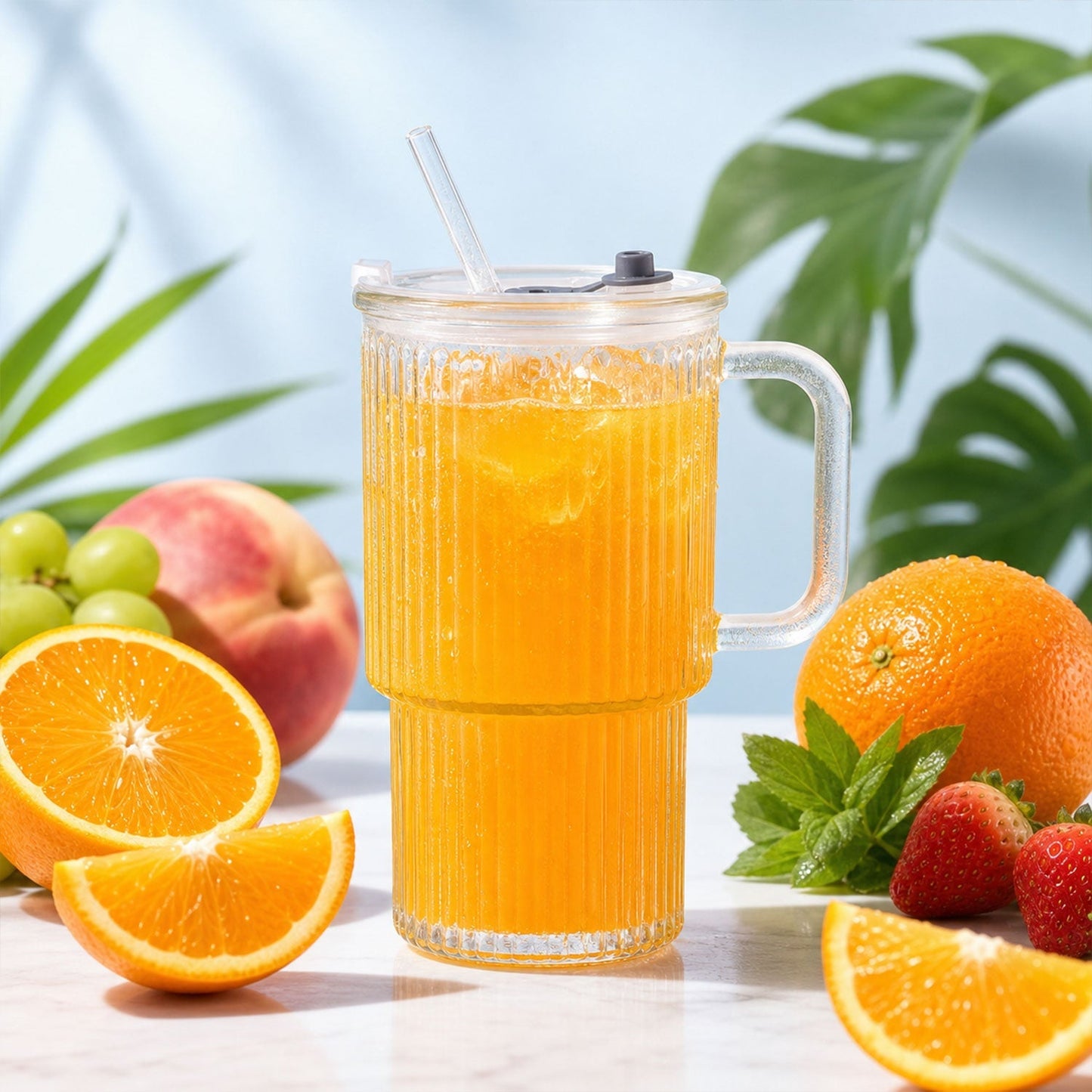 Close-up of glass tumbler for cold drinks and juice