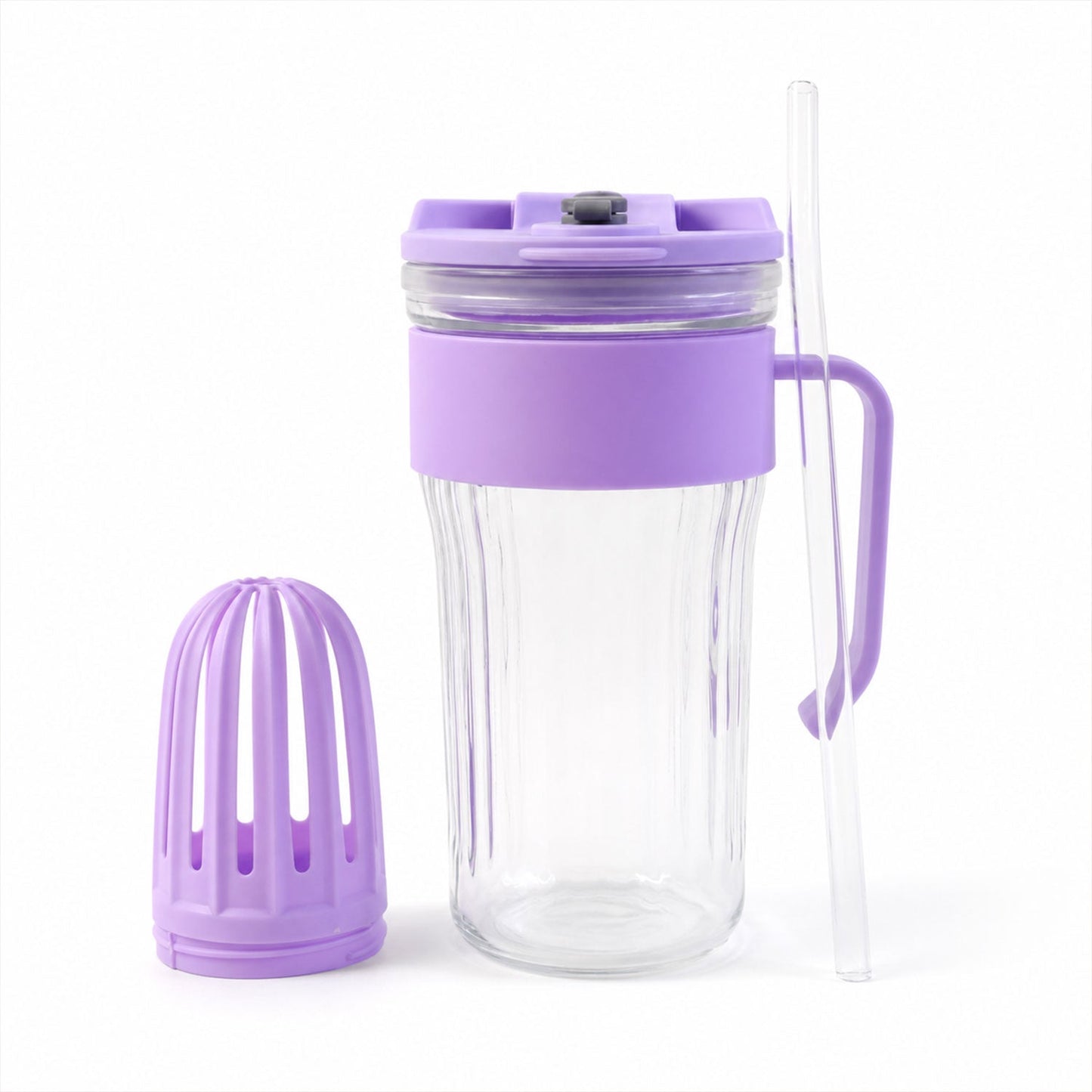 White background showcasing glass tumbler and straw