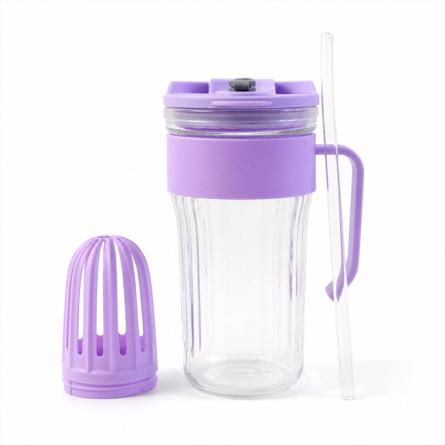 White background showcasing glass tumbler and straw