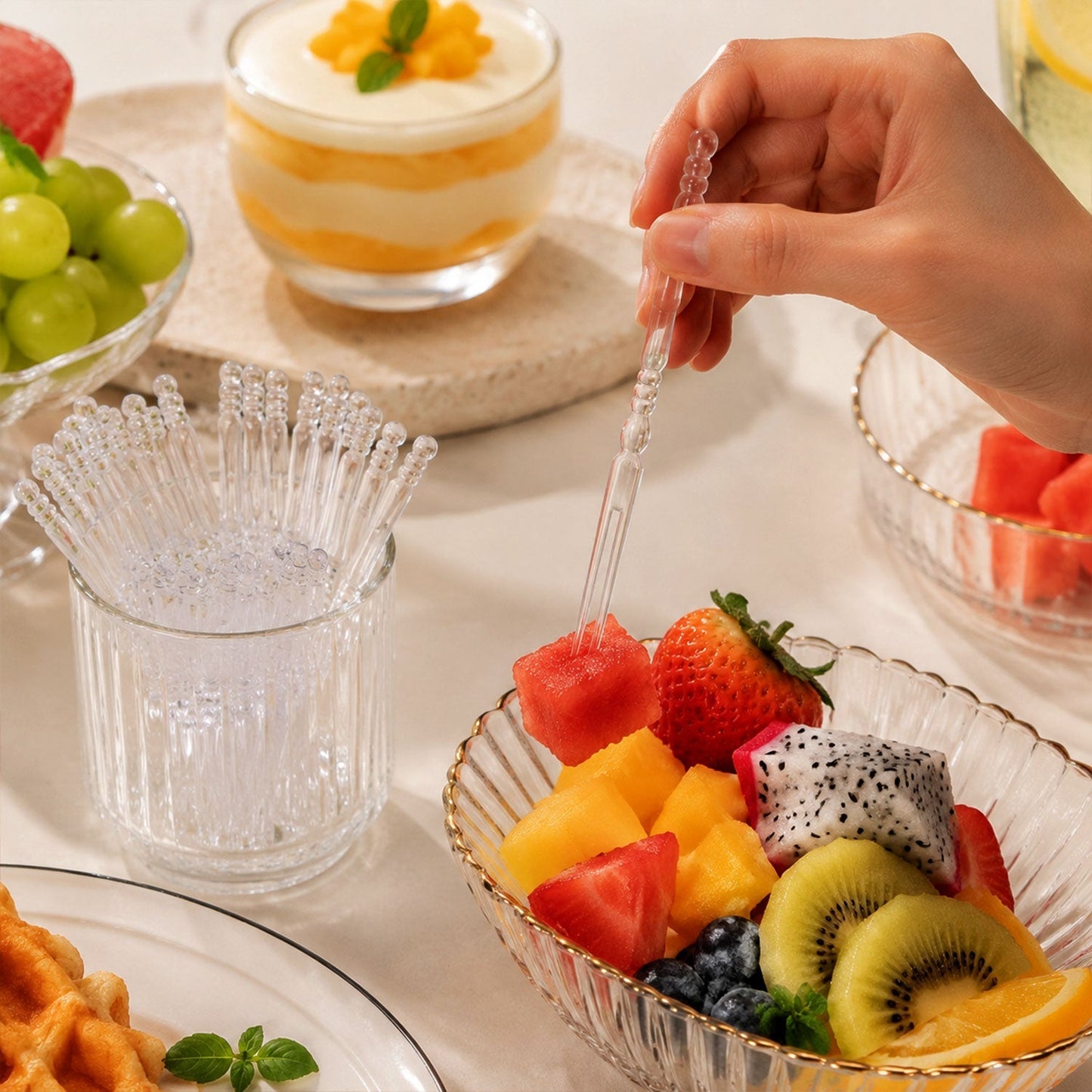 Mini fruit forks ideal for parties, snacks, and desserts