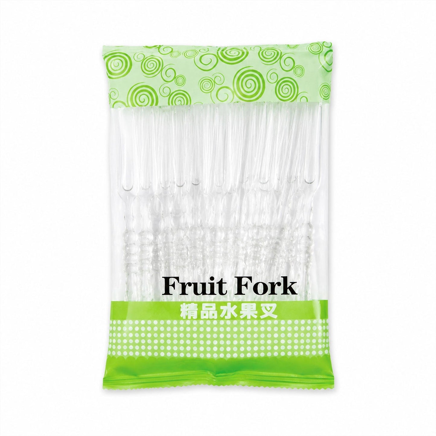 Pack box of disposable clear plastic fruit forks