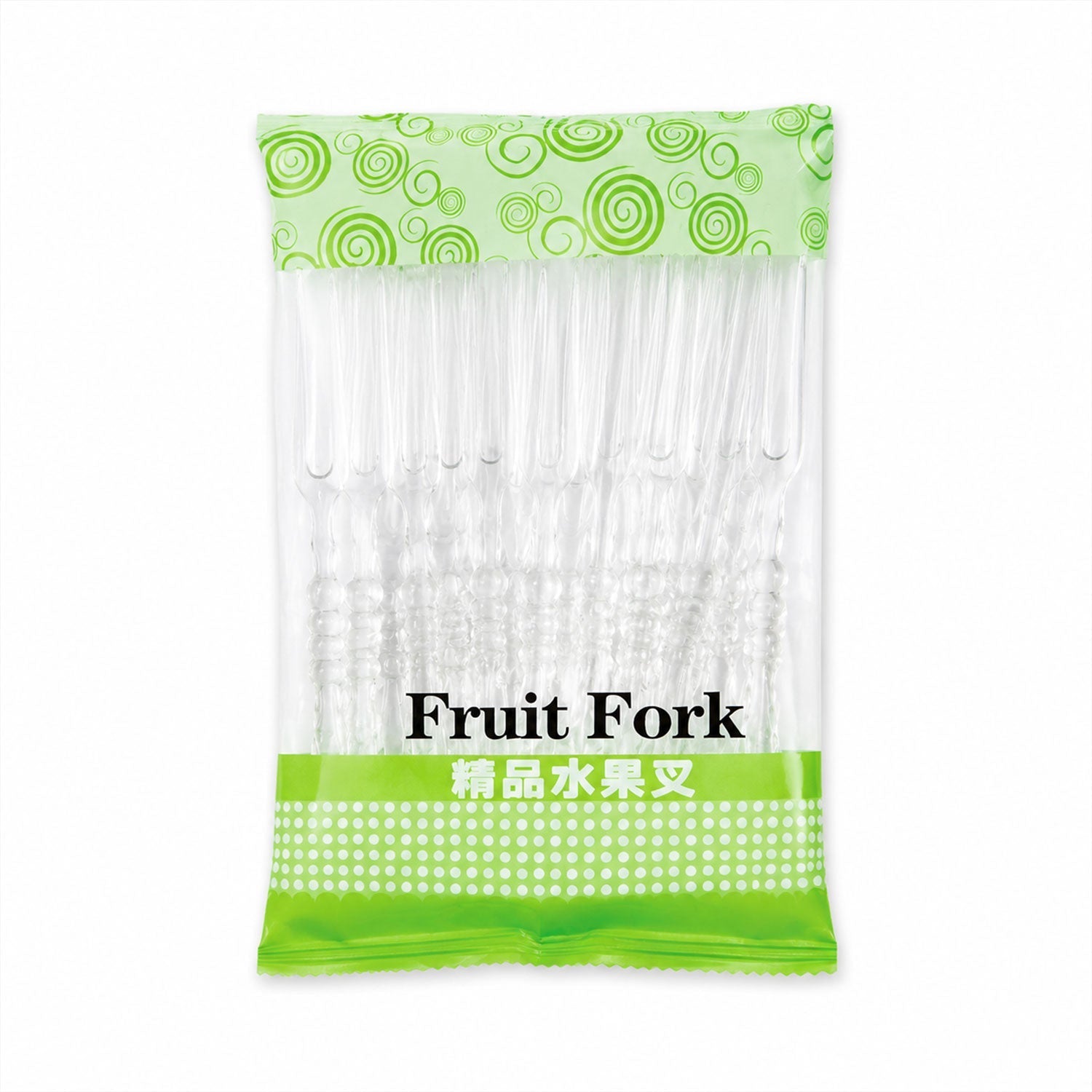 Pack box of disposable clear plastic fruit forks
