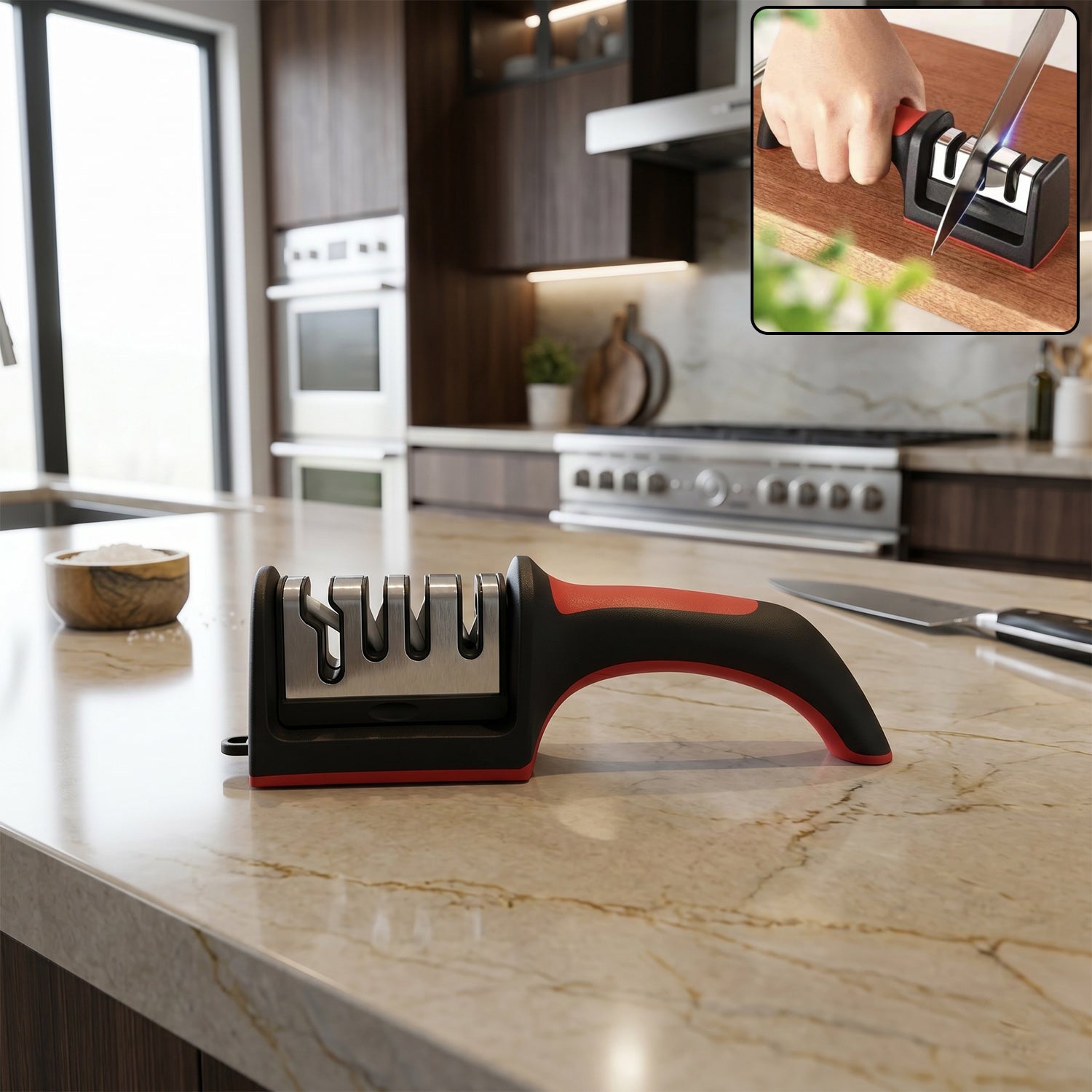 4-stage manual knife sharpener, durable plastic and metal construction