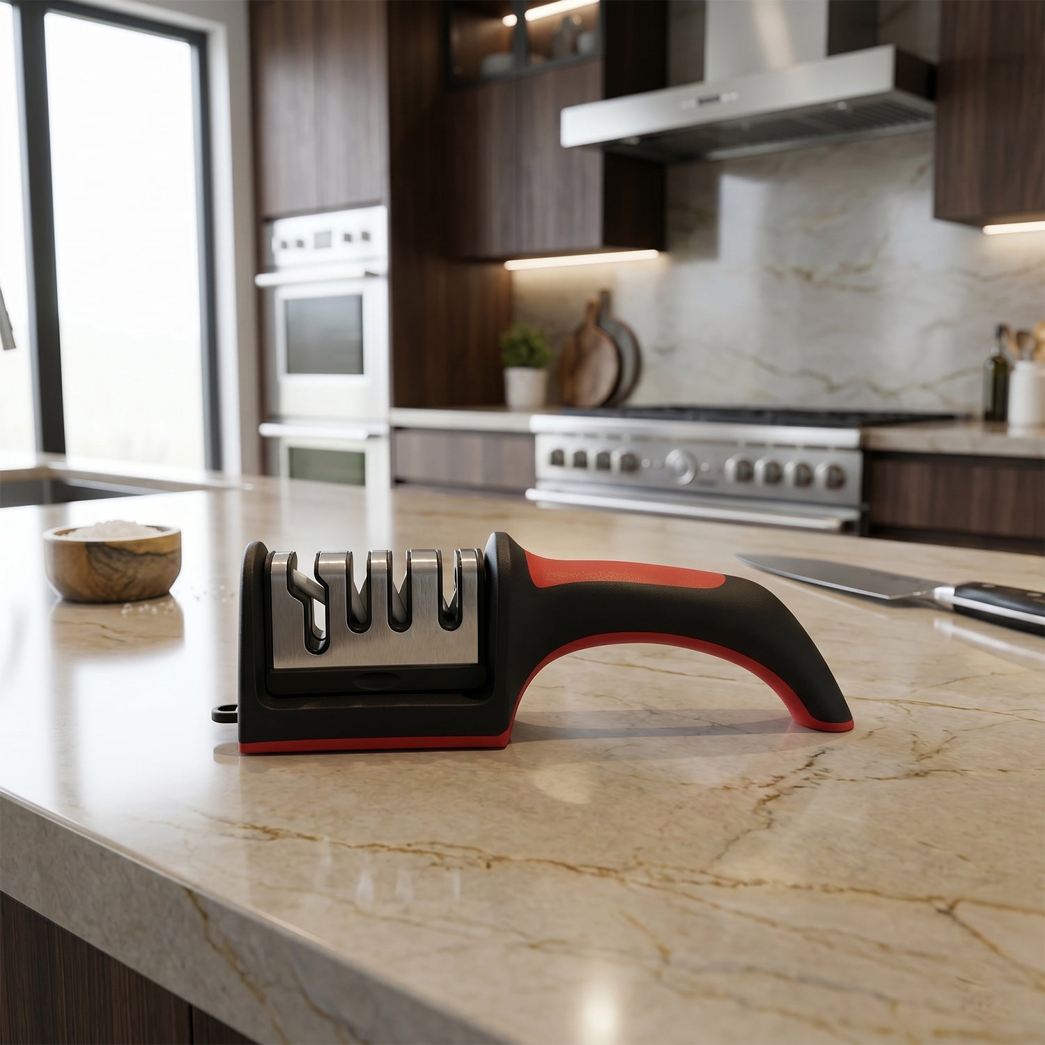 Kitchen knife sharpening tool with four sharpening stages