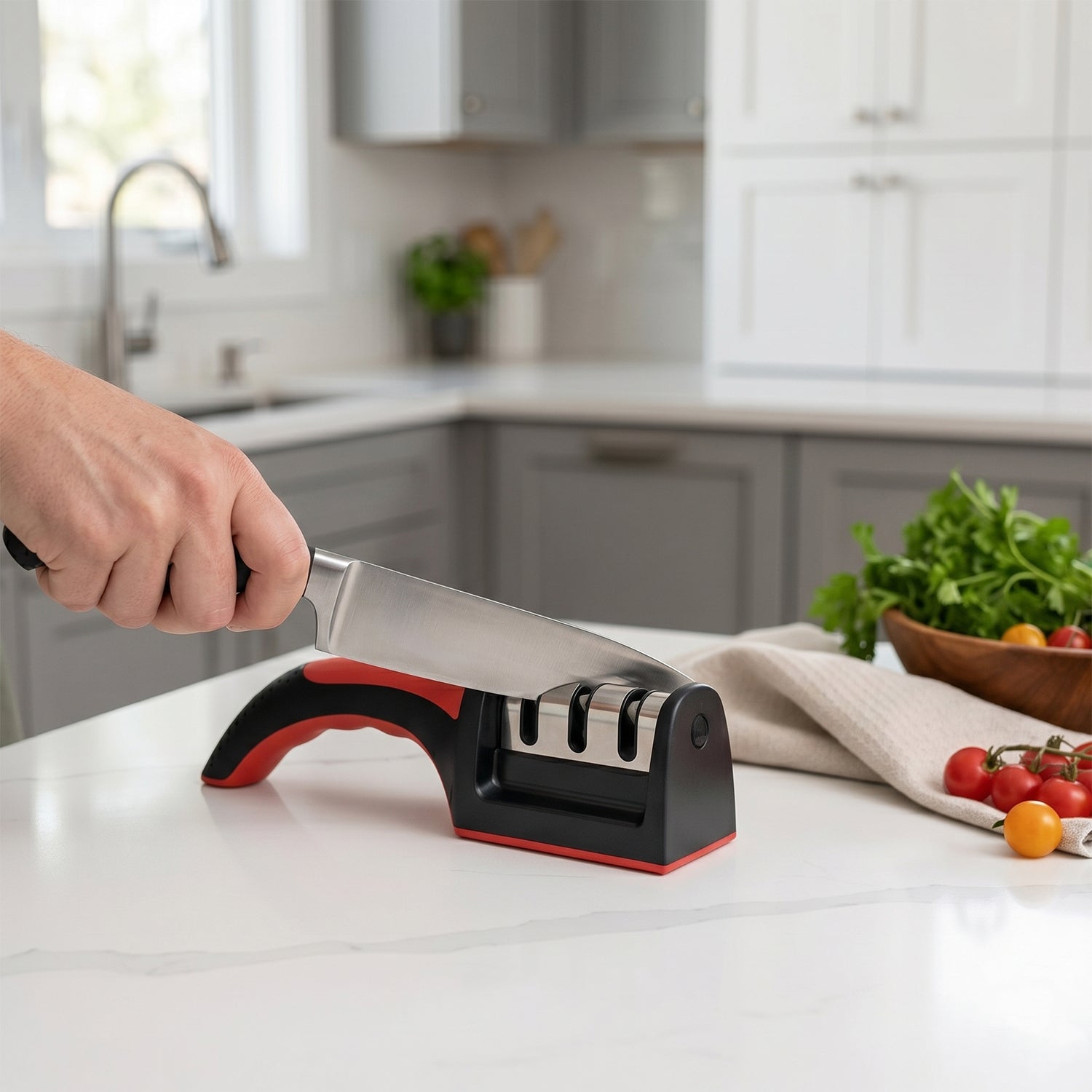 Manual knife sharpener in a modern kitchen environment