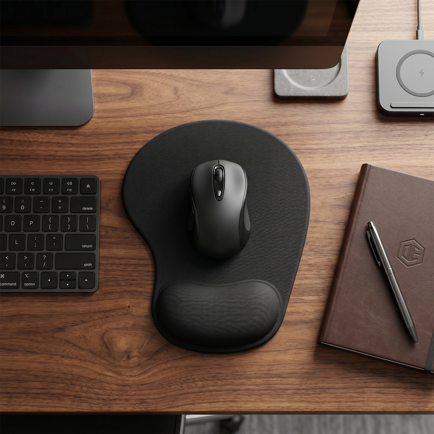 Person using ergonomic mouse pad at gaming desk