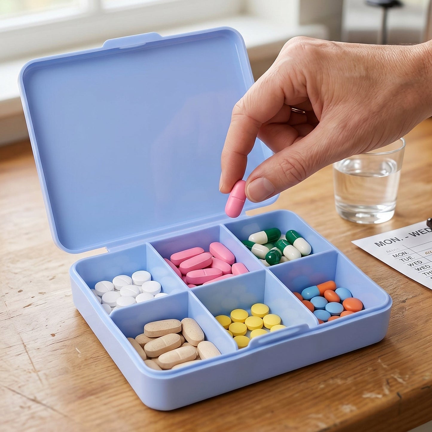Pill organizer box in handbag for travel convenience