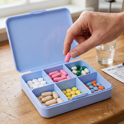 Pill organizer box in handbag for travel convenience