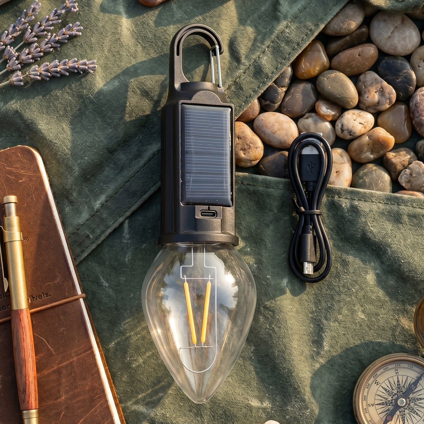 Solar & USB-C rechargeable camping lantern with warm LED for outdoor use