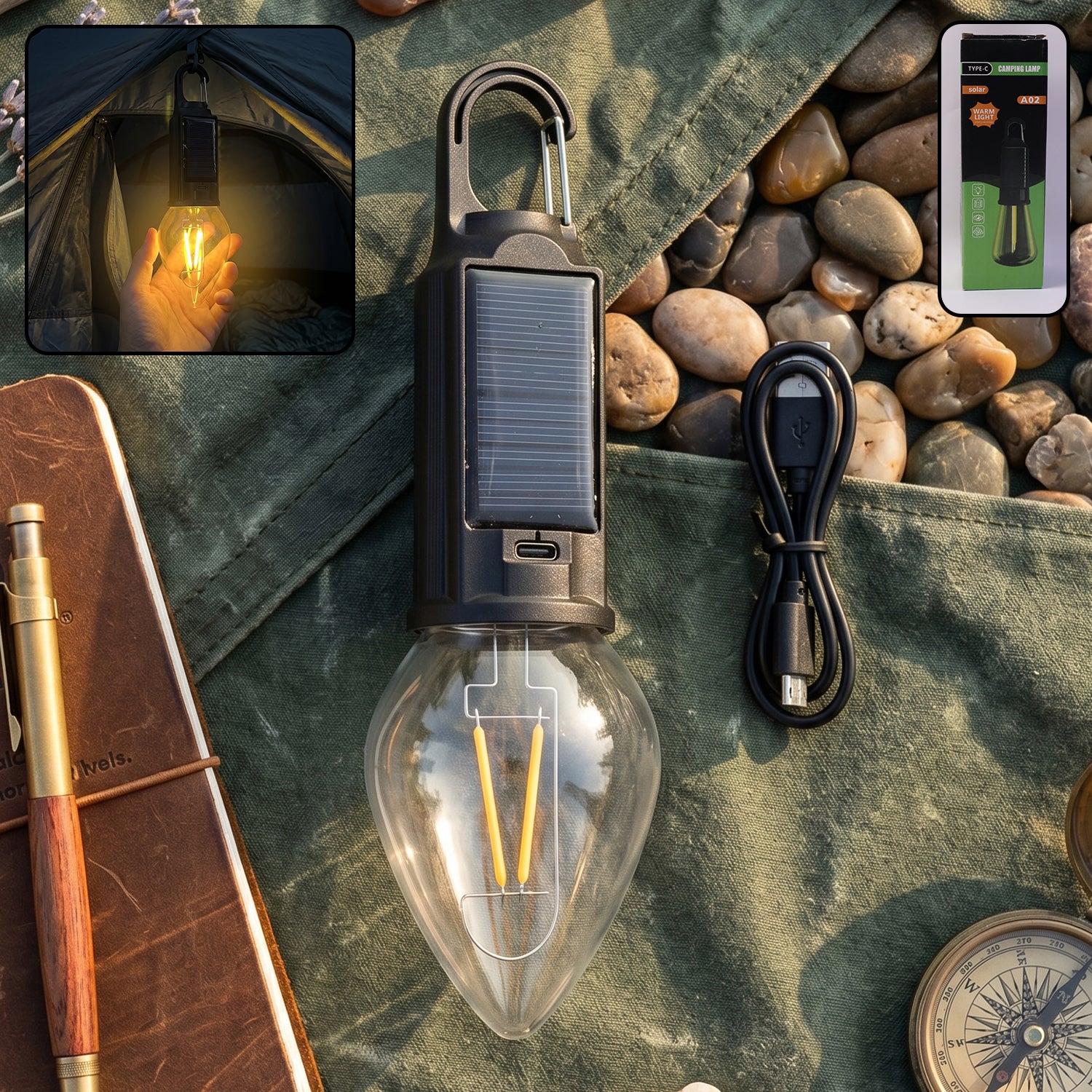 Carabiner clip attached to solar camping lantern for hanging