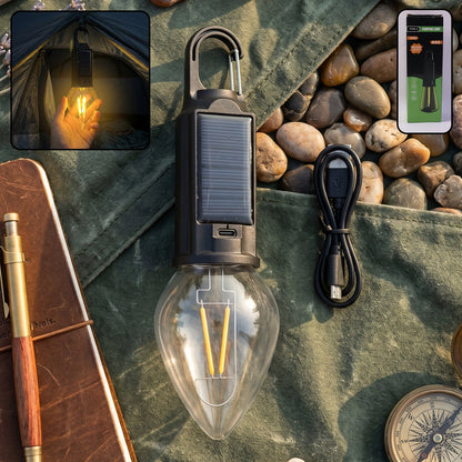 Carabiner clip attached to solar camping lantern for hanging
