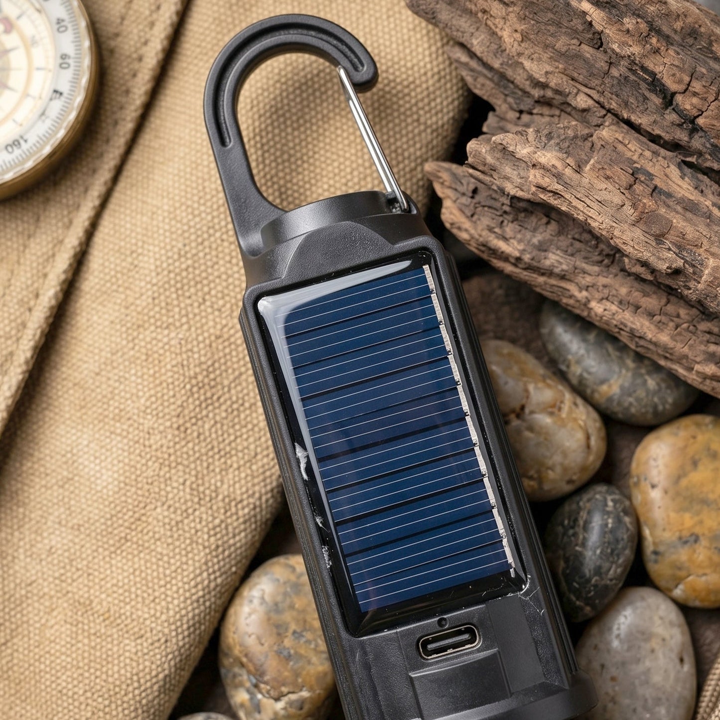 Camping lantern hanging inside a tent at night