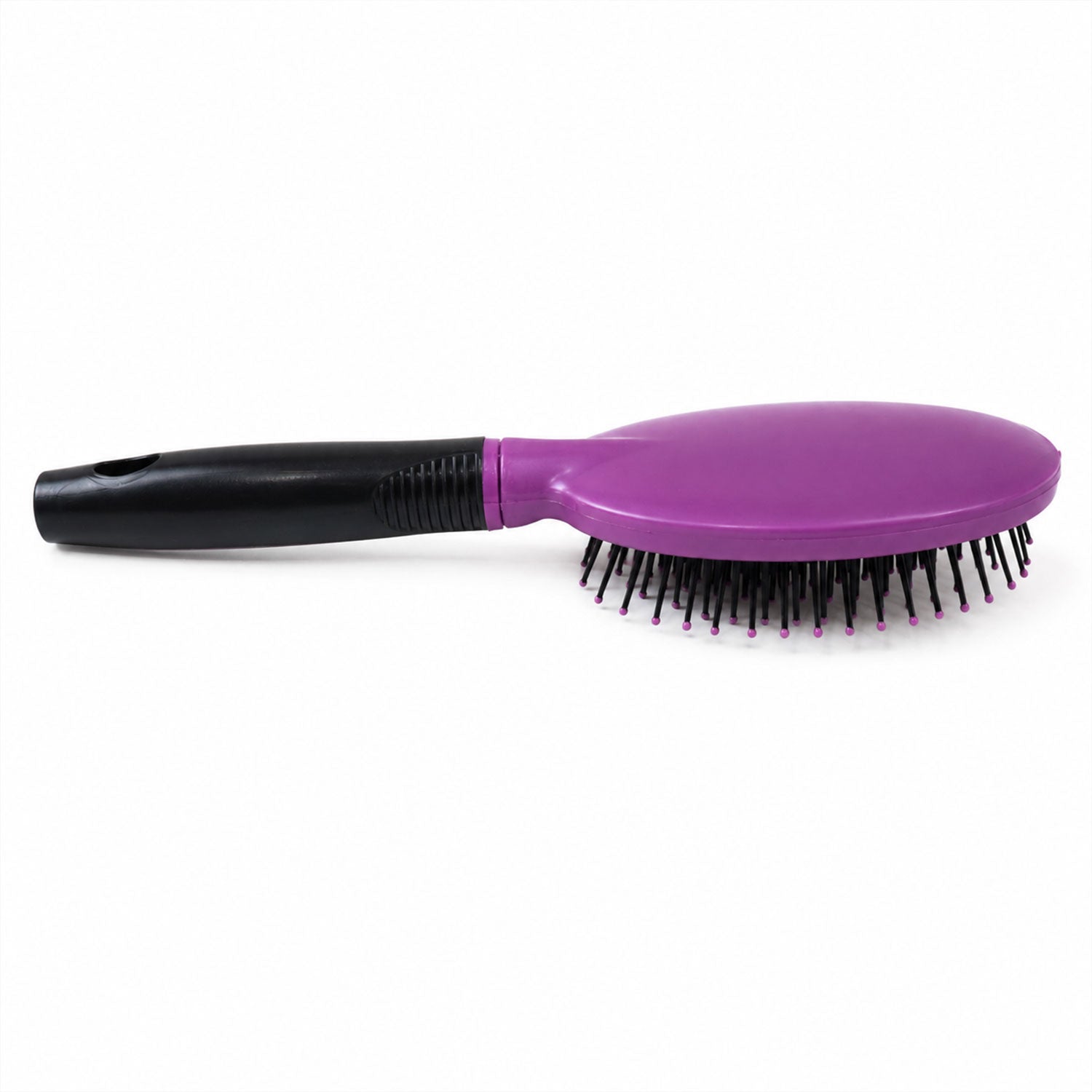 Ergonomic cushioned paddle hair brush on white background