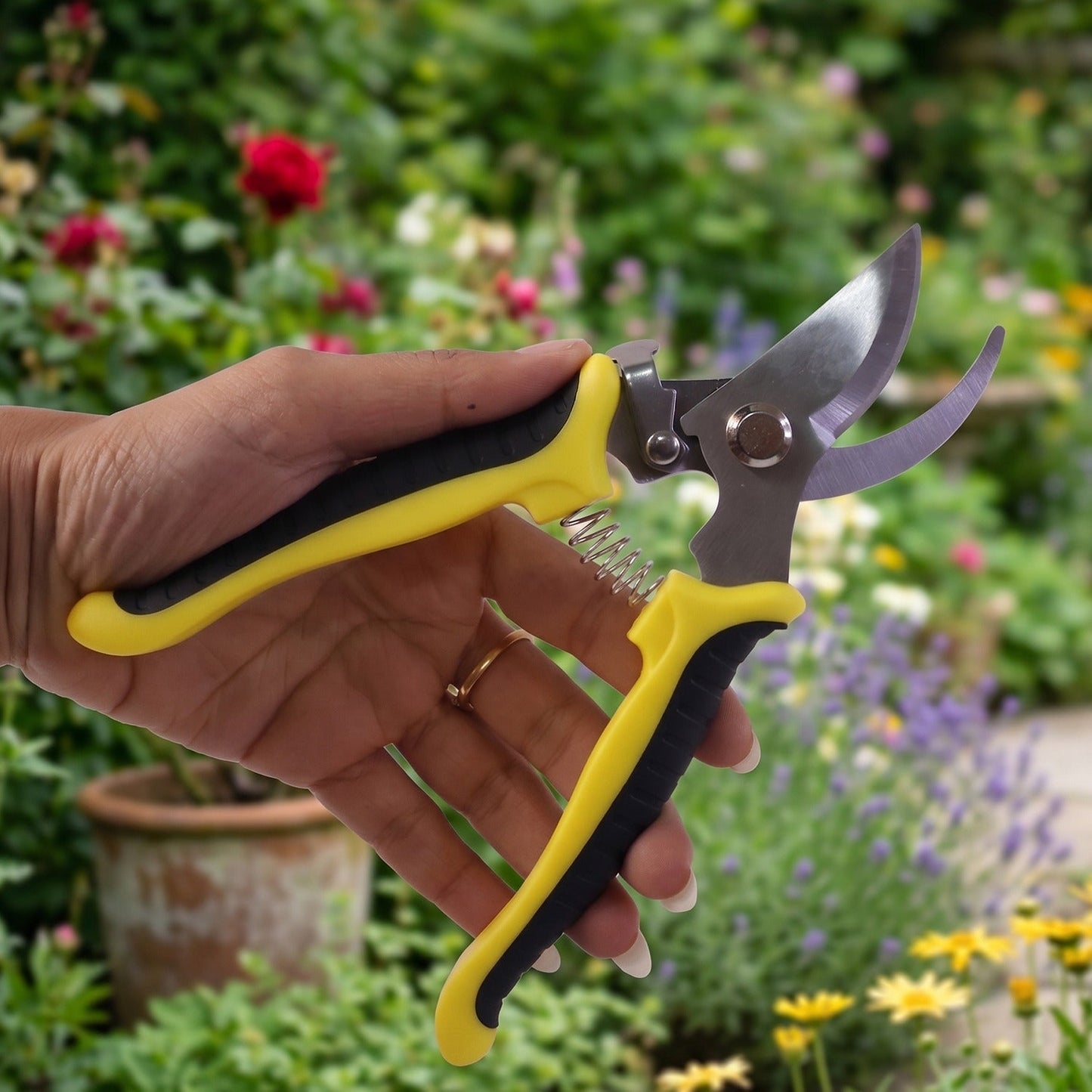 Using garden pruner to cut plant stems with ease