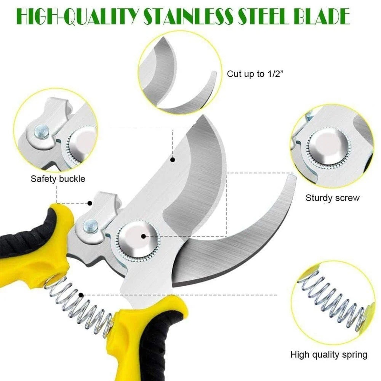Features of pruning shears including ergonomic handle and safety lock