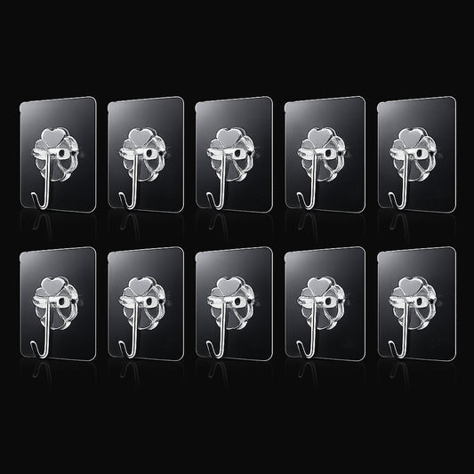 Transparent adhesive wall hooks 10pc set on white background