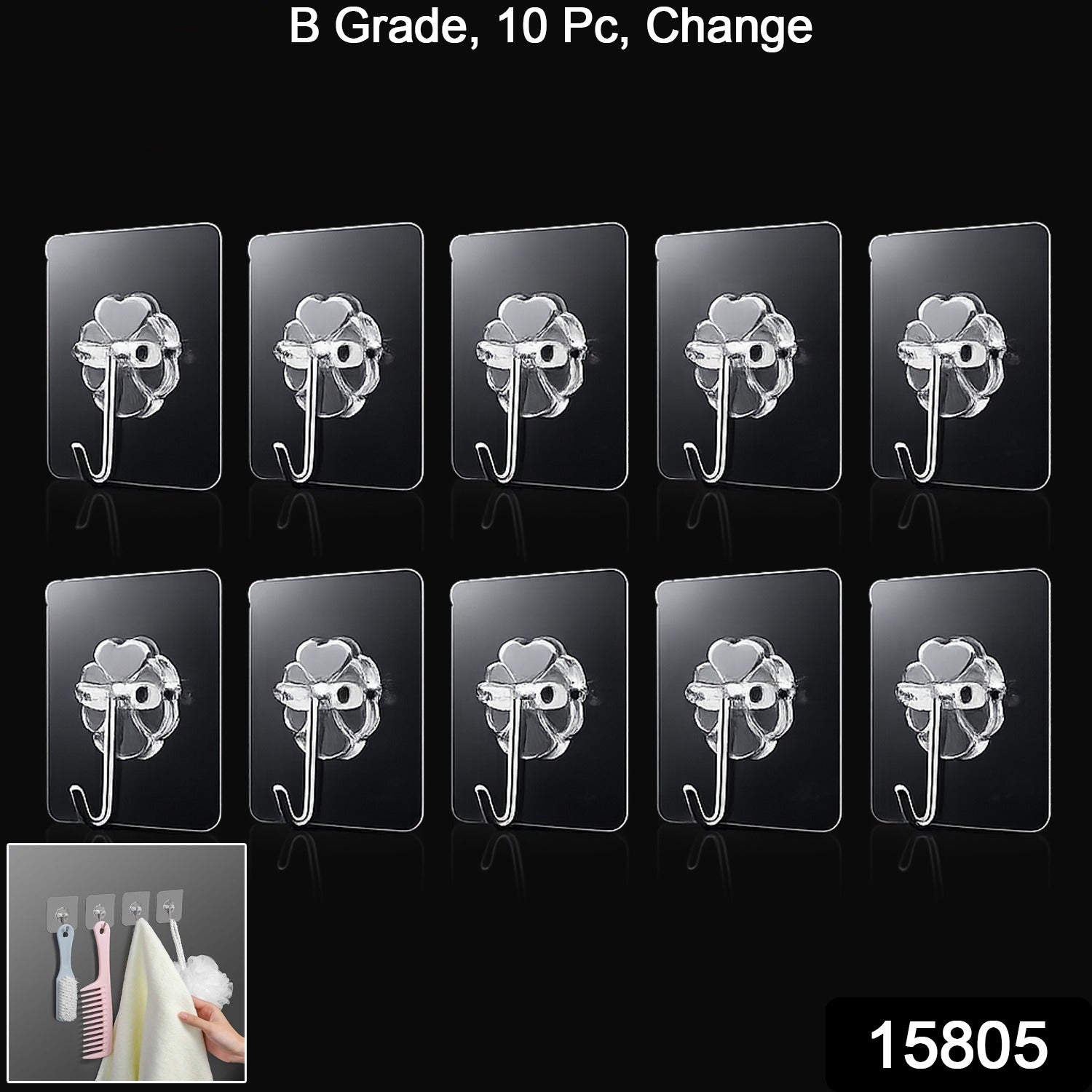 Pack of 10 transparent wall hooks arranged neatly