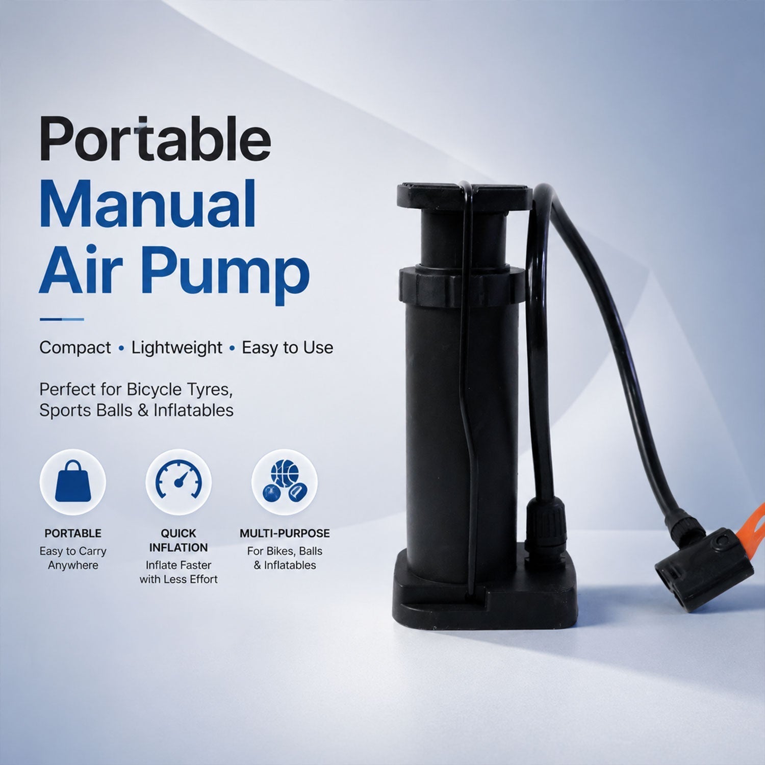 Portable mini foot pedal air pump with hose and nozzles for inflatables and tires