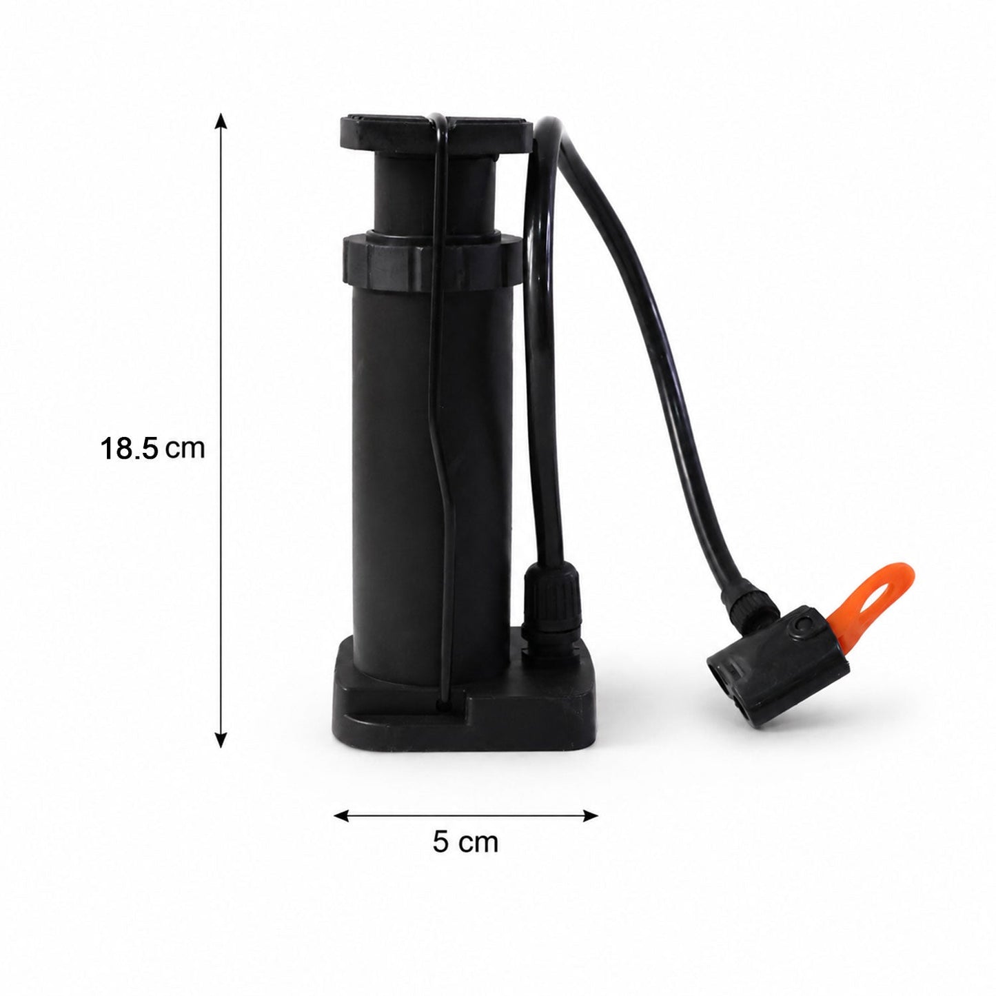 Mini foot pedal air pump with size and dimension comparison