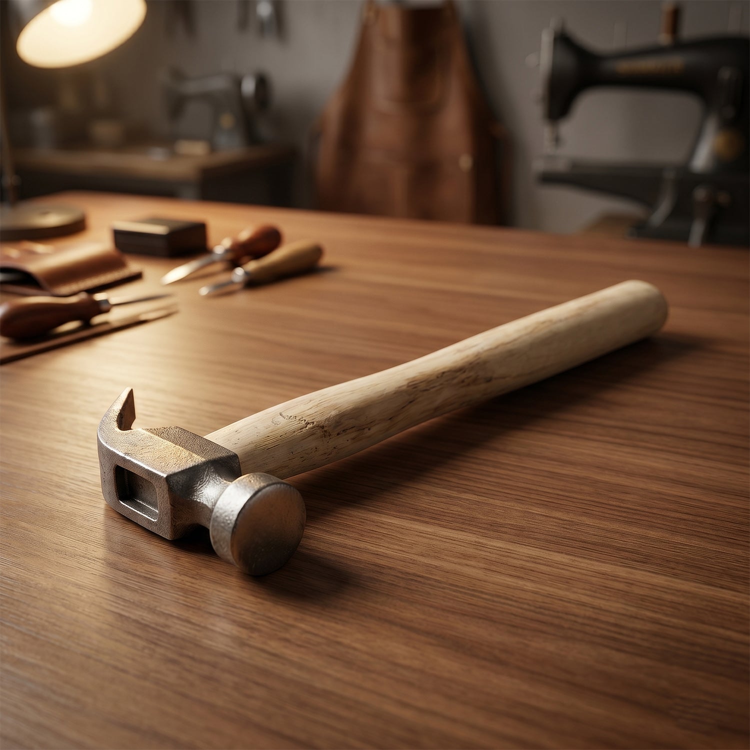 Close-up of steel head on claw hammer with wooden handle