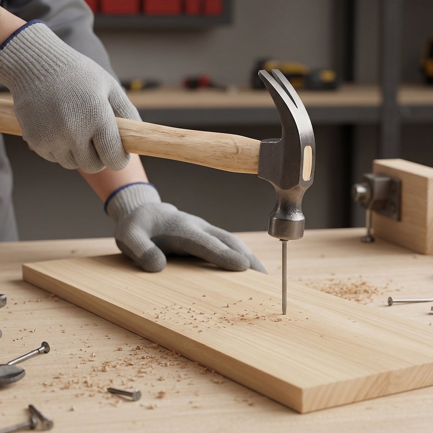 Claw hammer in use for woodworking and home repair