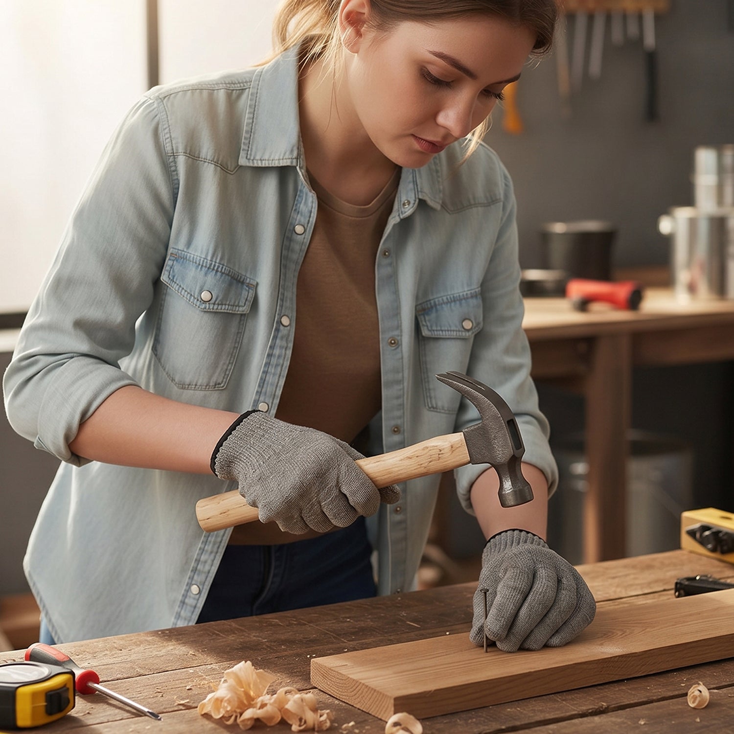 Claw hammer extracting a nail from wood