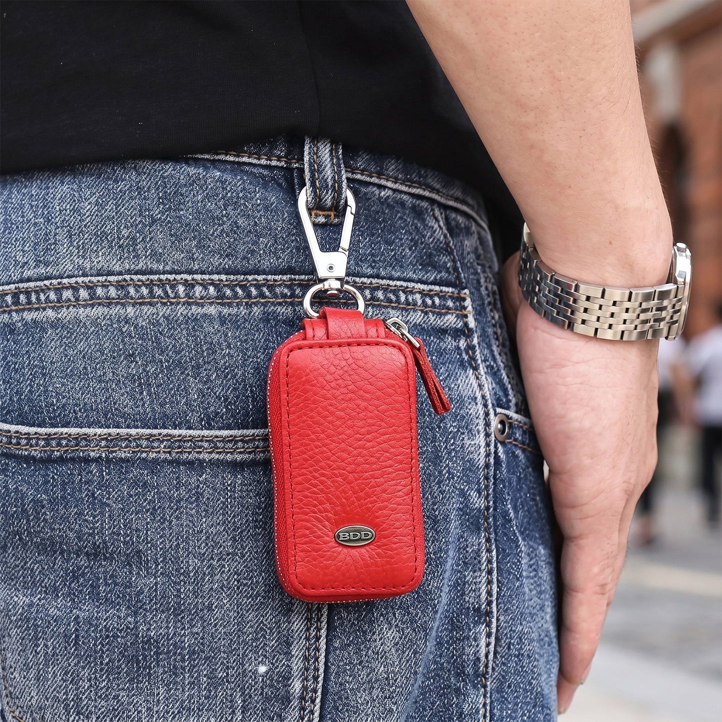 Car key pouch being carried on a daily basis
