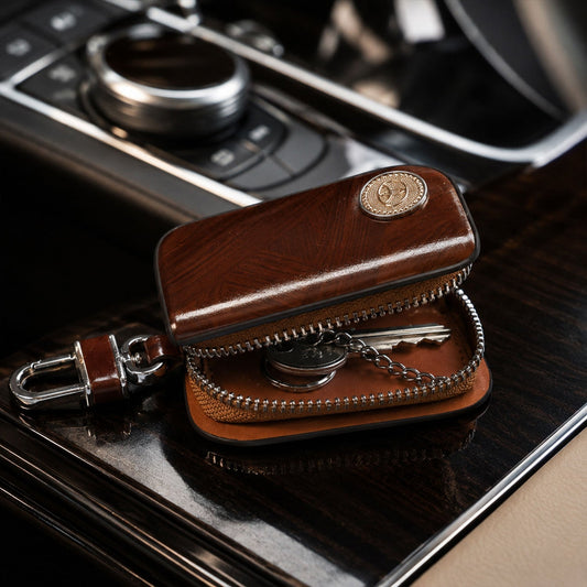 Brown leather car key case holder with zipper and clip