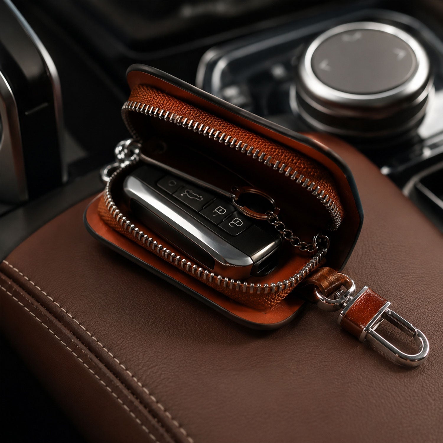 Smart remote holder zip clip with leather finish