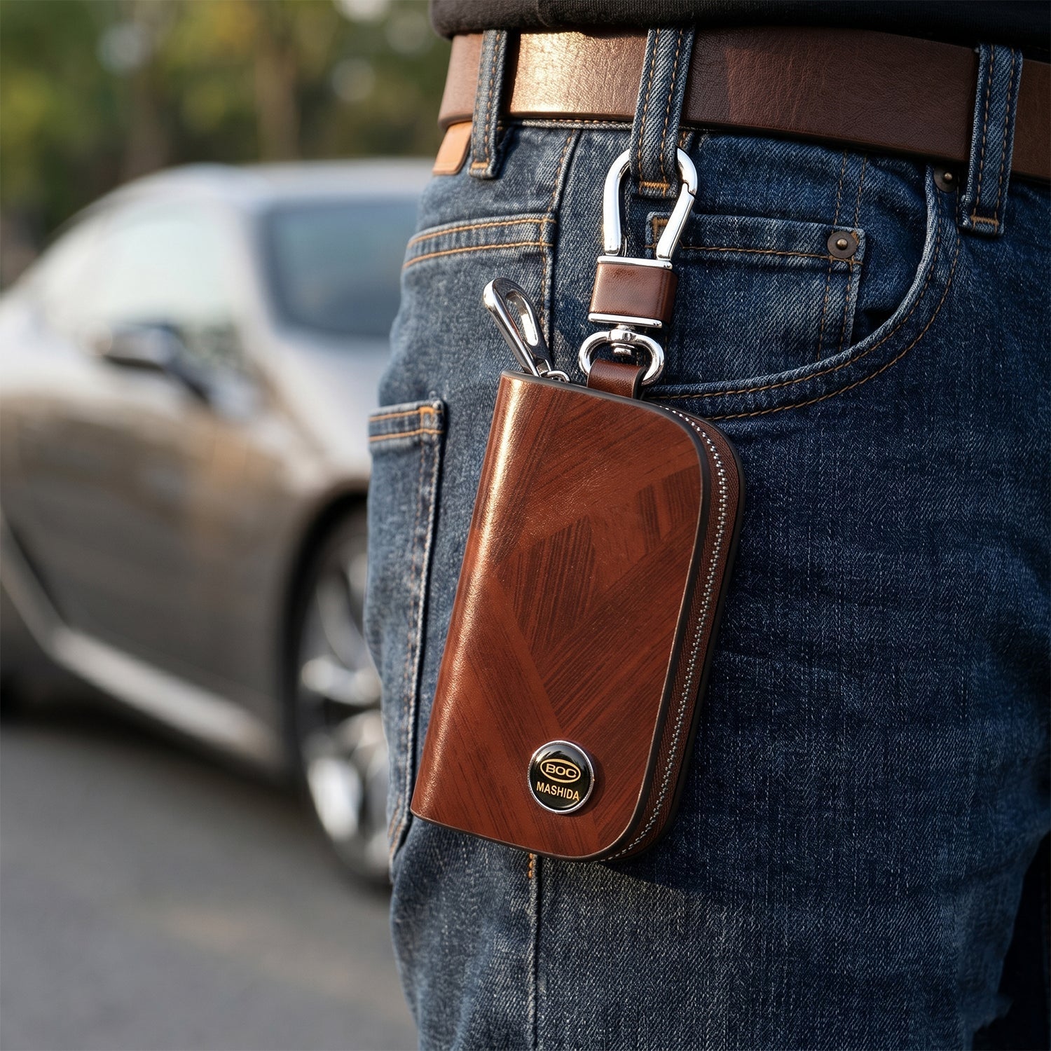 Car key snap hook being used to clip key holder
