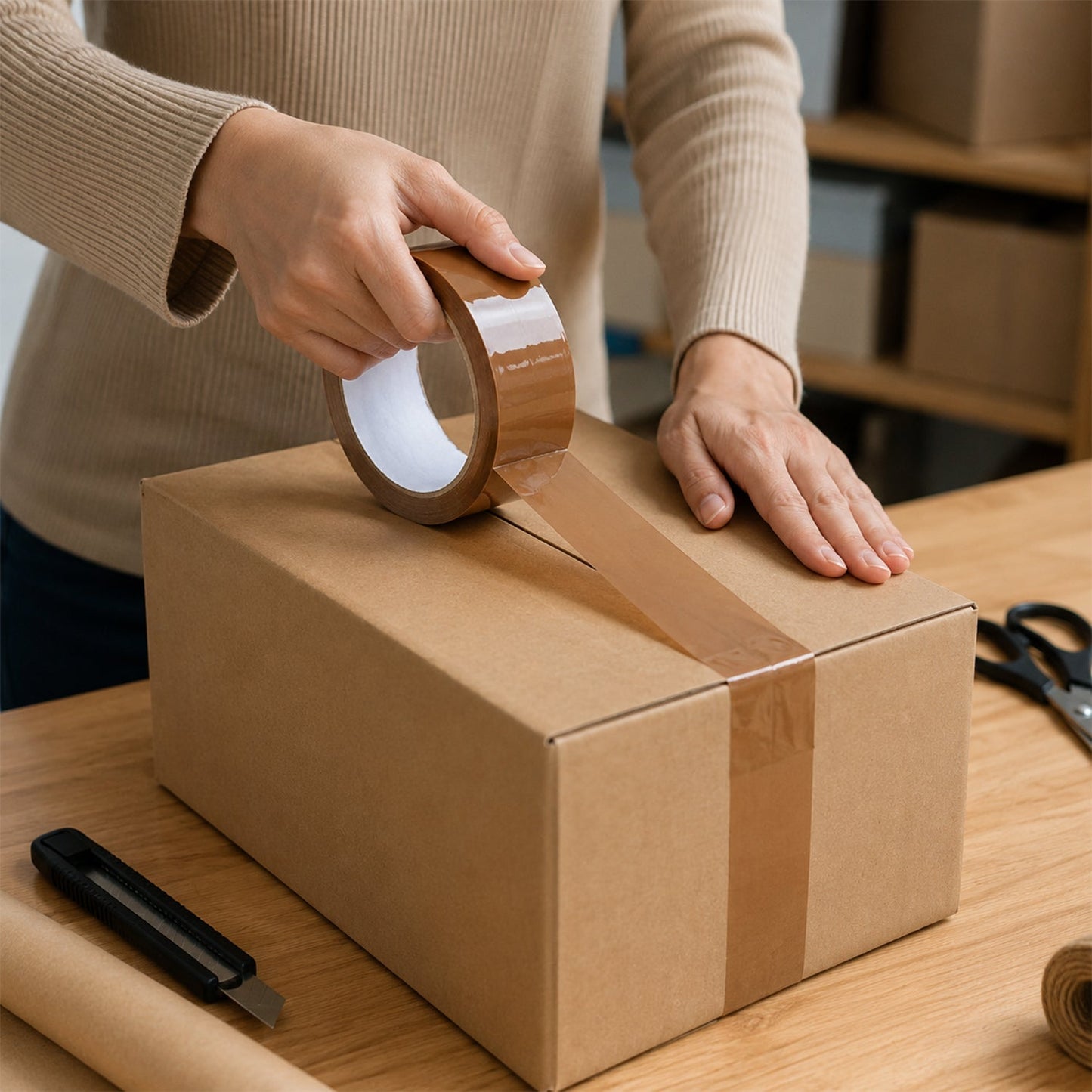 Cello tape being used for box packing and sealing