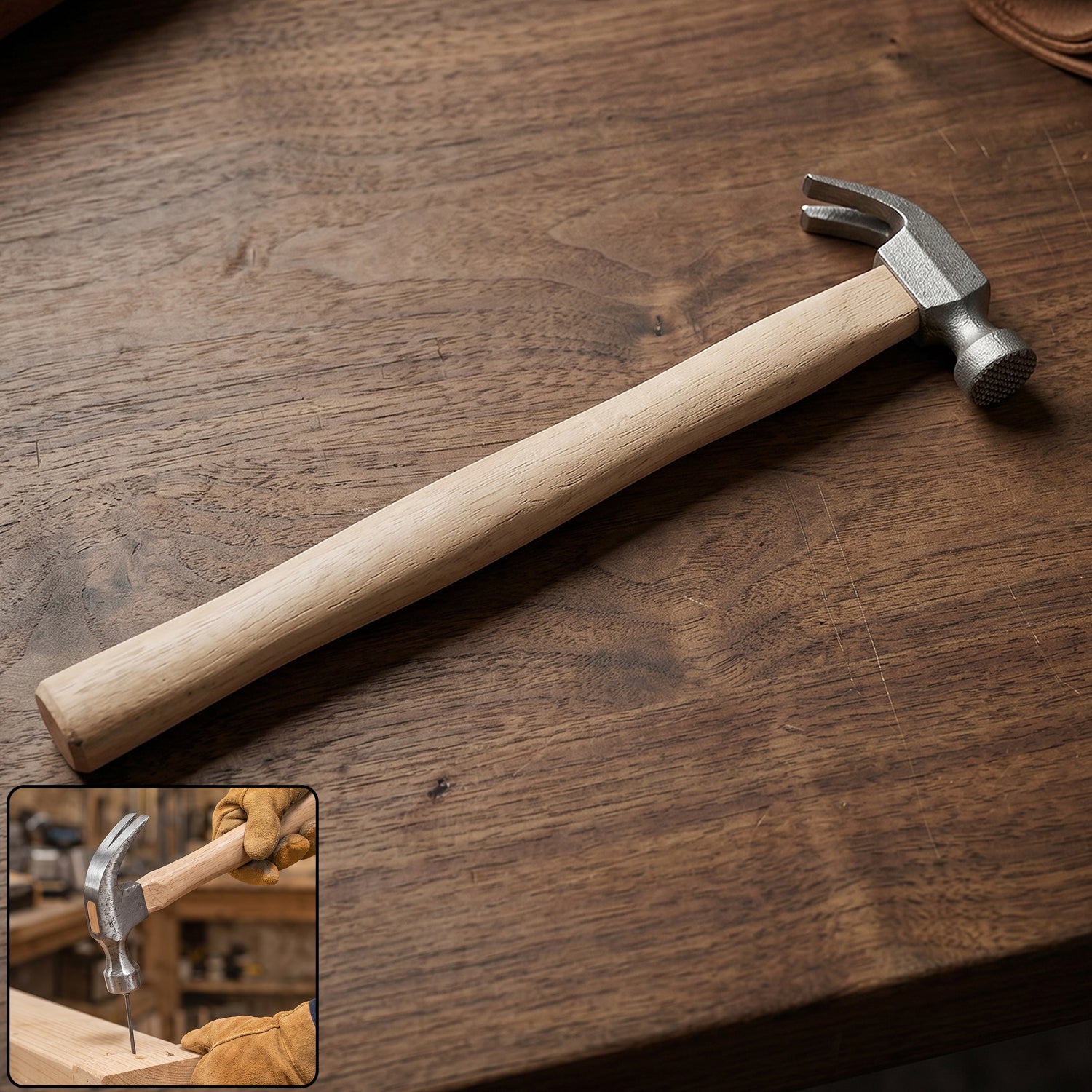 Wooden handle claw hammer with steel head for carpentry and DIY projects