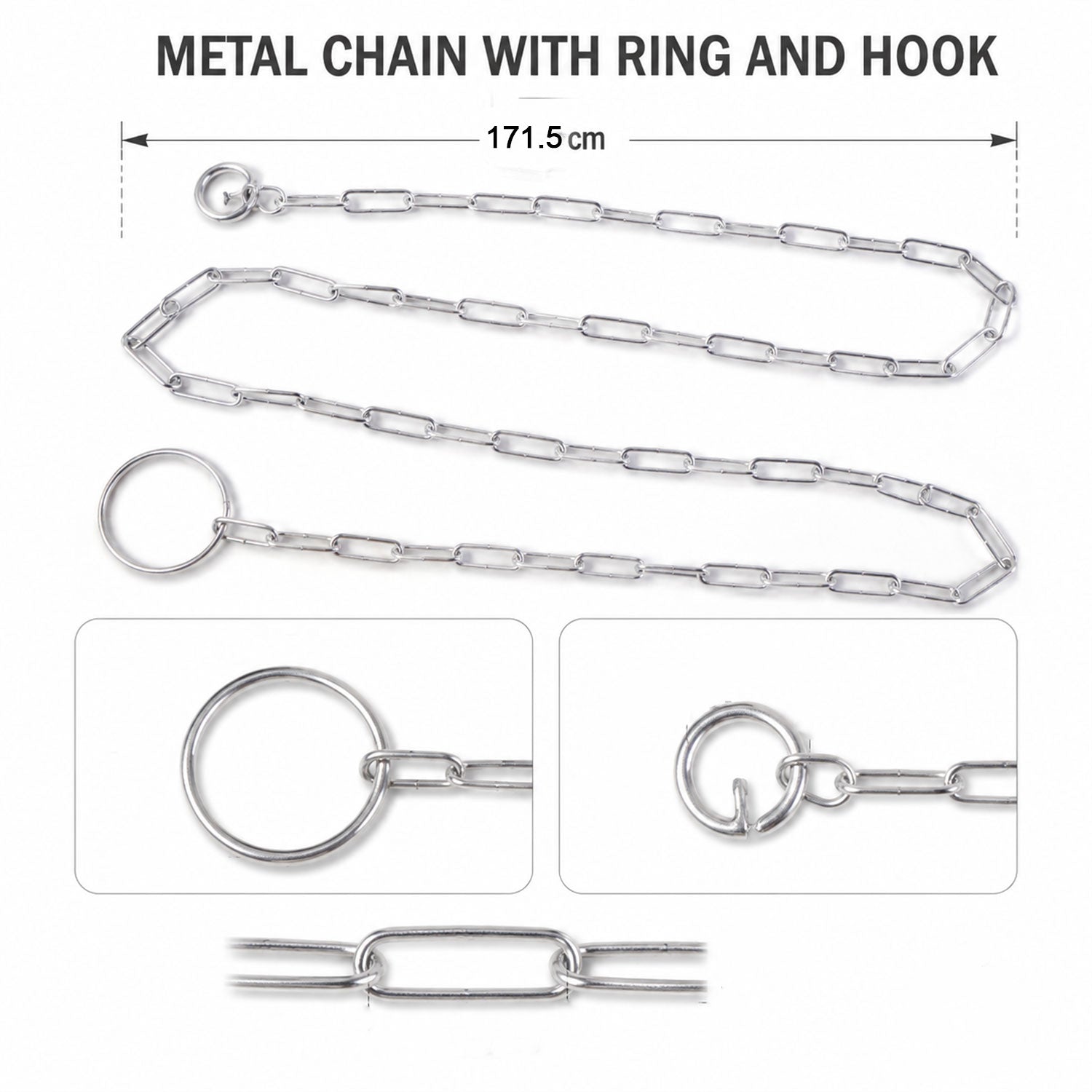 Stainless steel dog chain leash measuring 67 inches in size