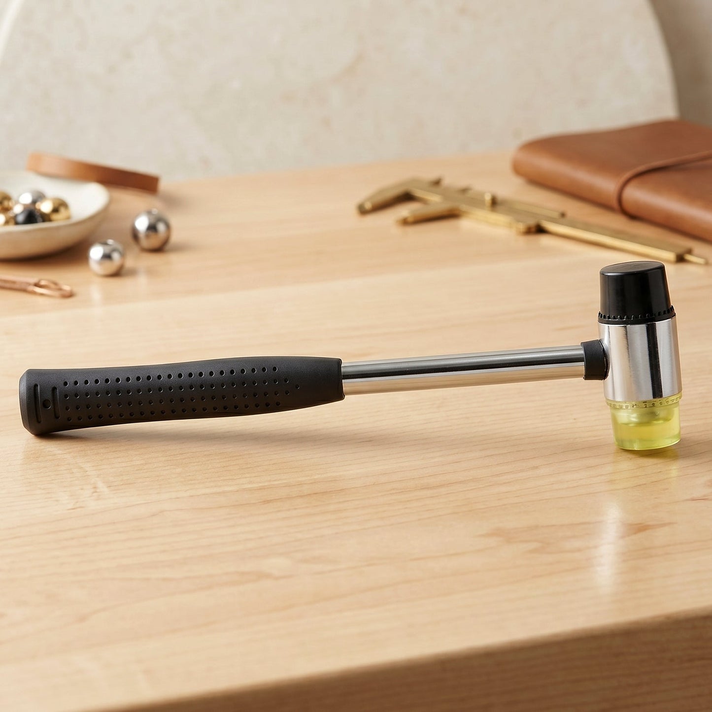 Double head mallet showing rubber and nylon faces for various tasks