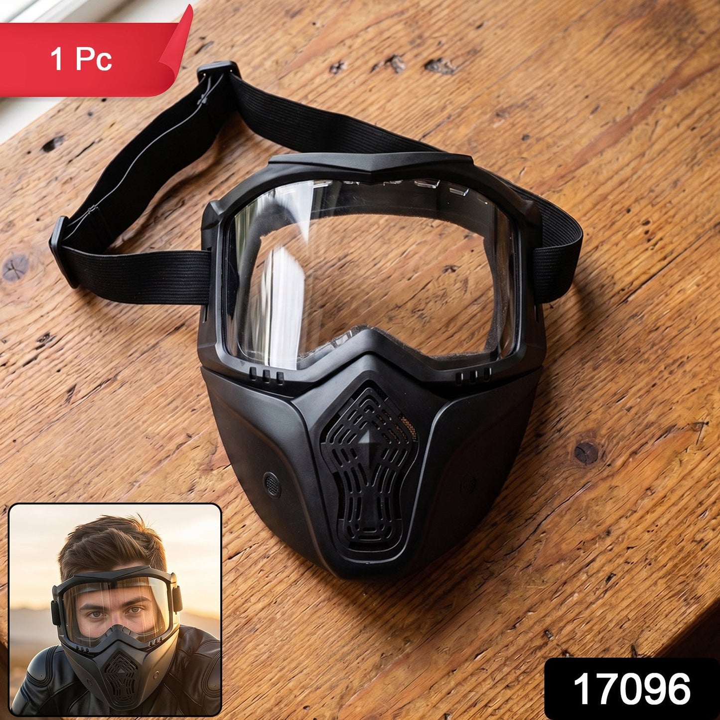 Bike goggle face mask packaging showing black design and adjustable strap