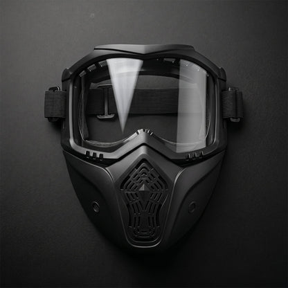 Full view of protective riding goggles with detachable shield in black