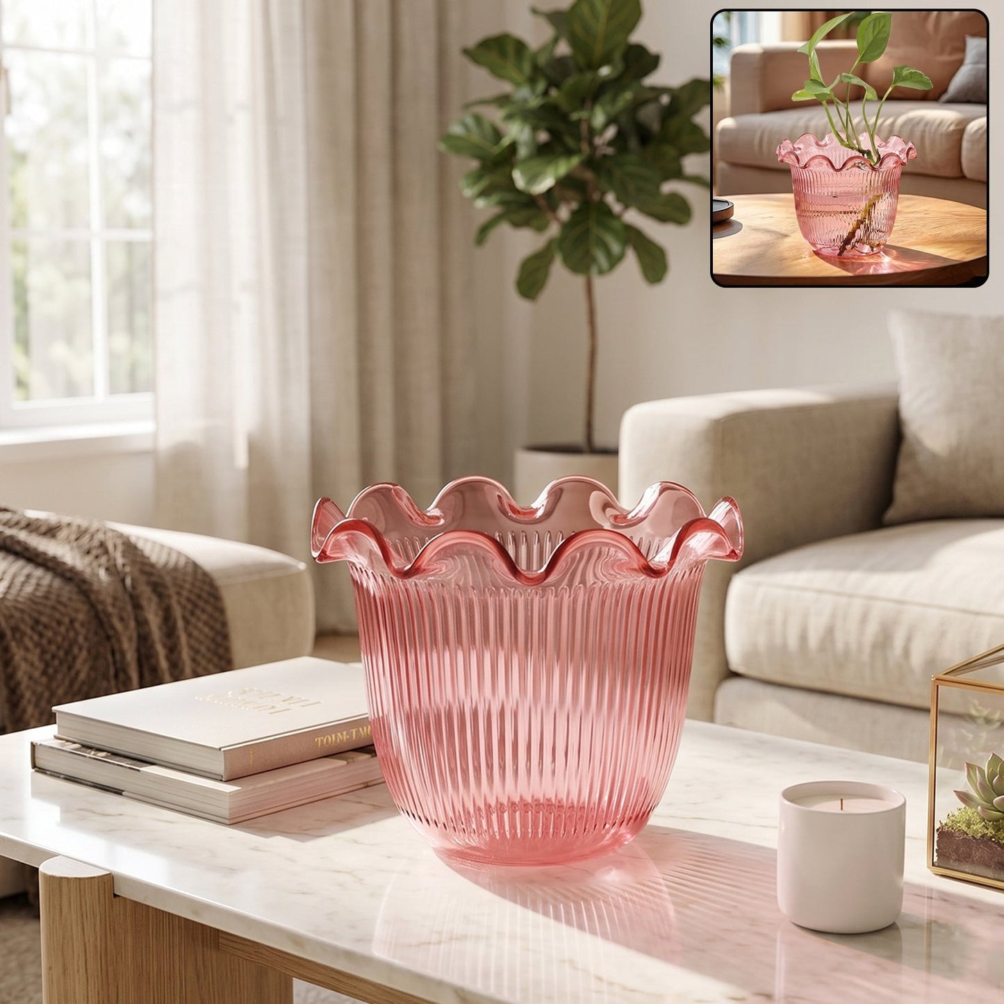 Decorative ruffled flower pot planter with scalloped rim