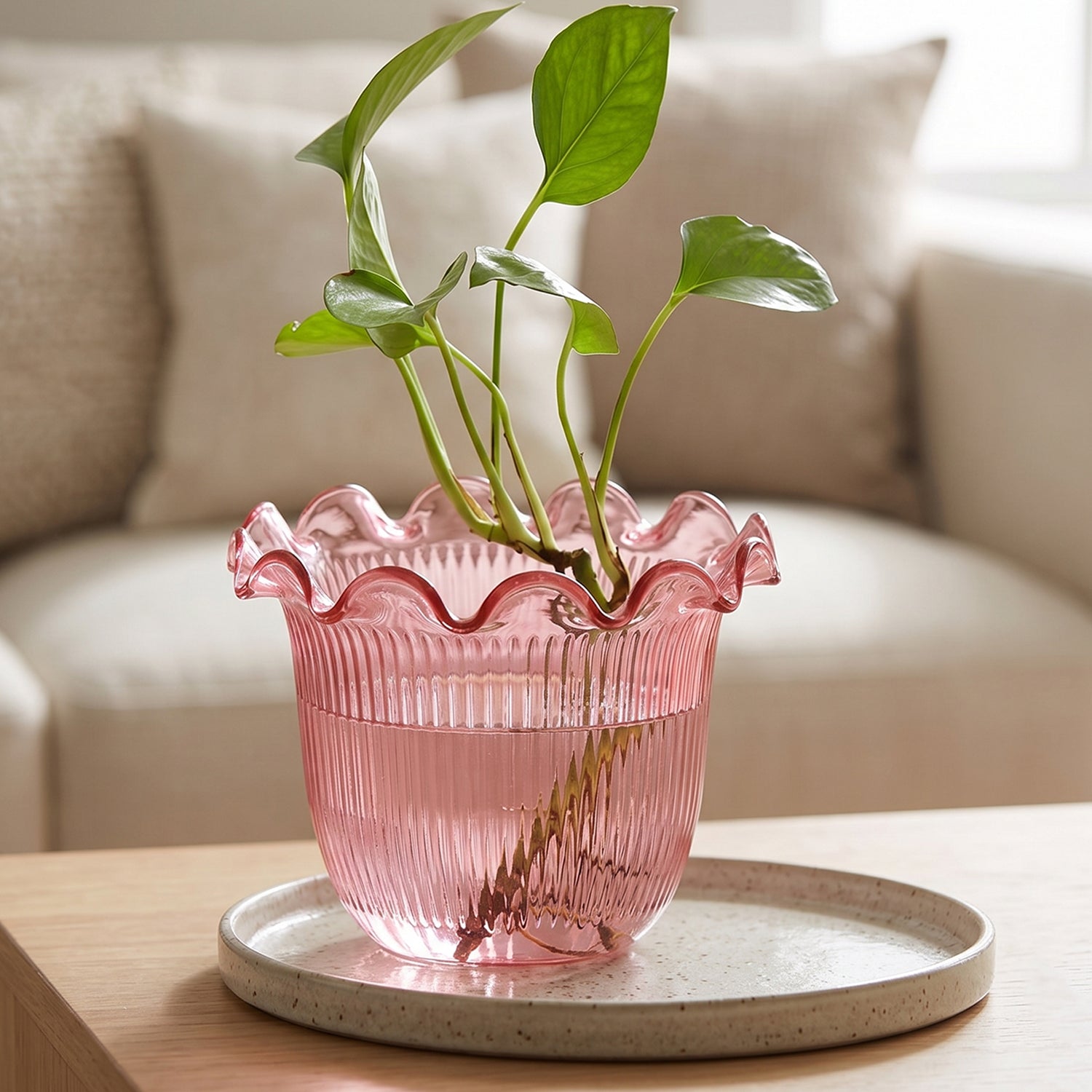 Planter vase with translucent ribbed body for table decor