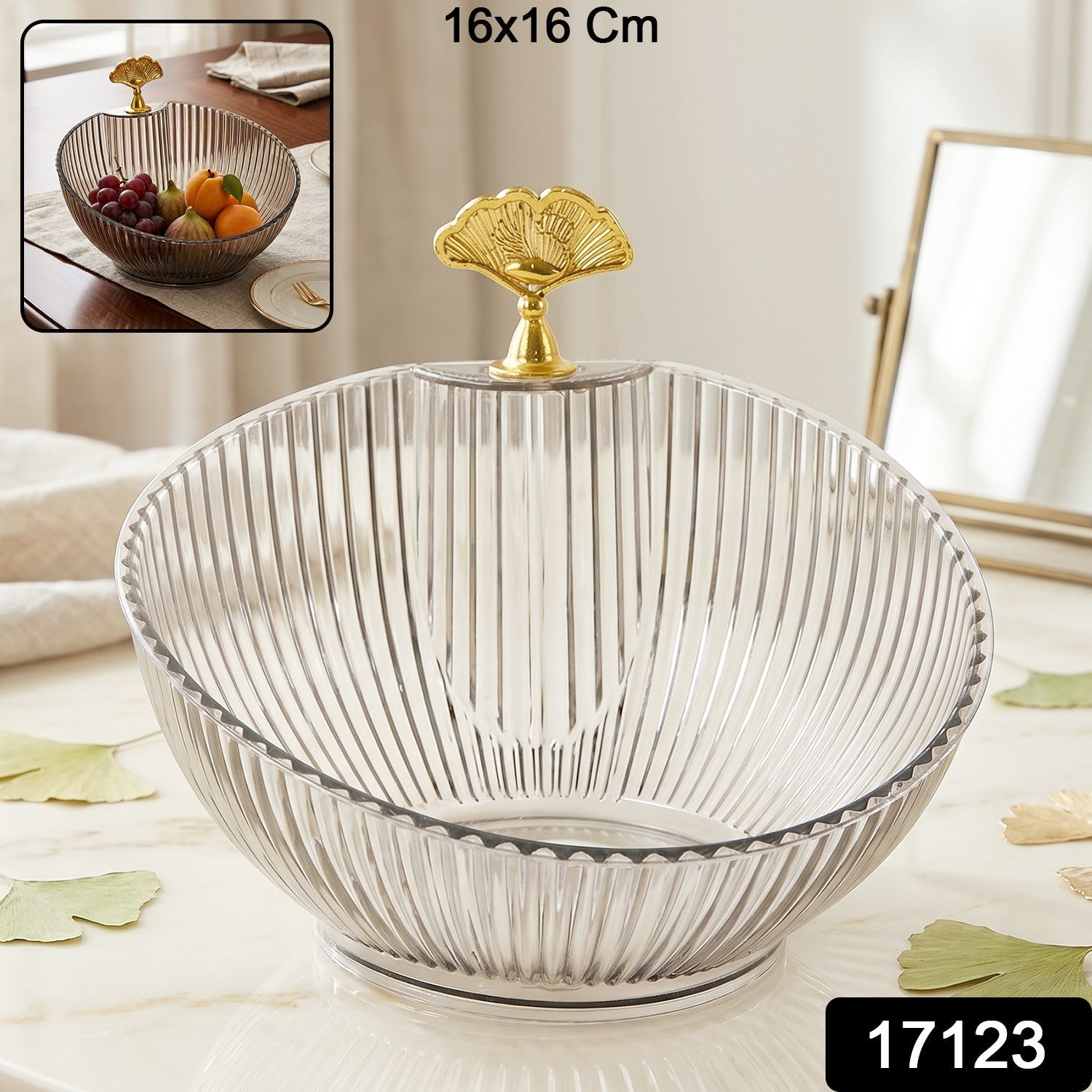 Elegant plastic fruit bowl featuring gold leaf metal accent and ribbed pattern